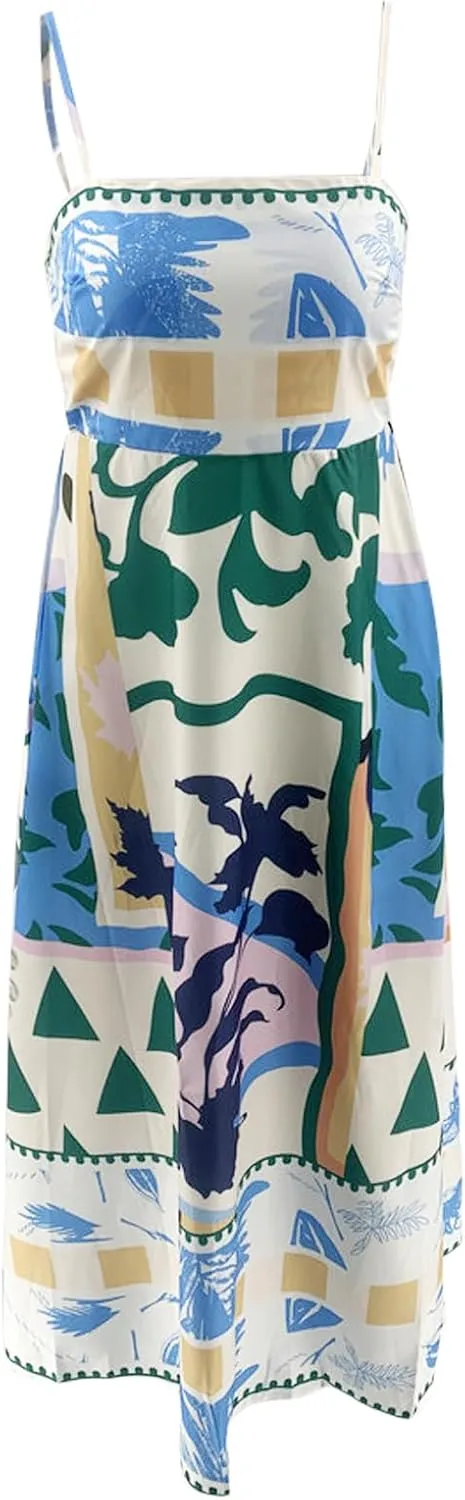 Women Boho Graphic Print Maxi Cami Dress Spaghetti Strap Tropical Long Dress Flowy Summer Vacation Beach Dress