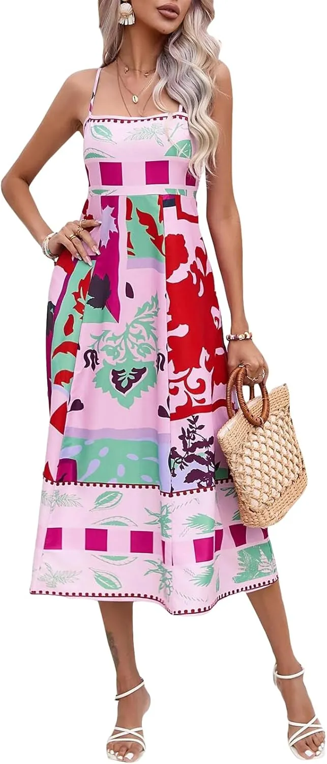 Women Boho Graphic Print Maxi Cami Dress Spaghetti Strap Tropical Long Dress Flowy Summer Vacation Beach Dress