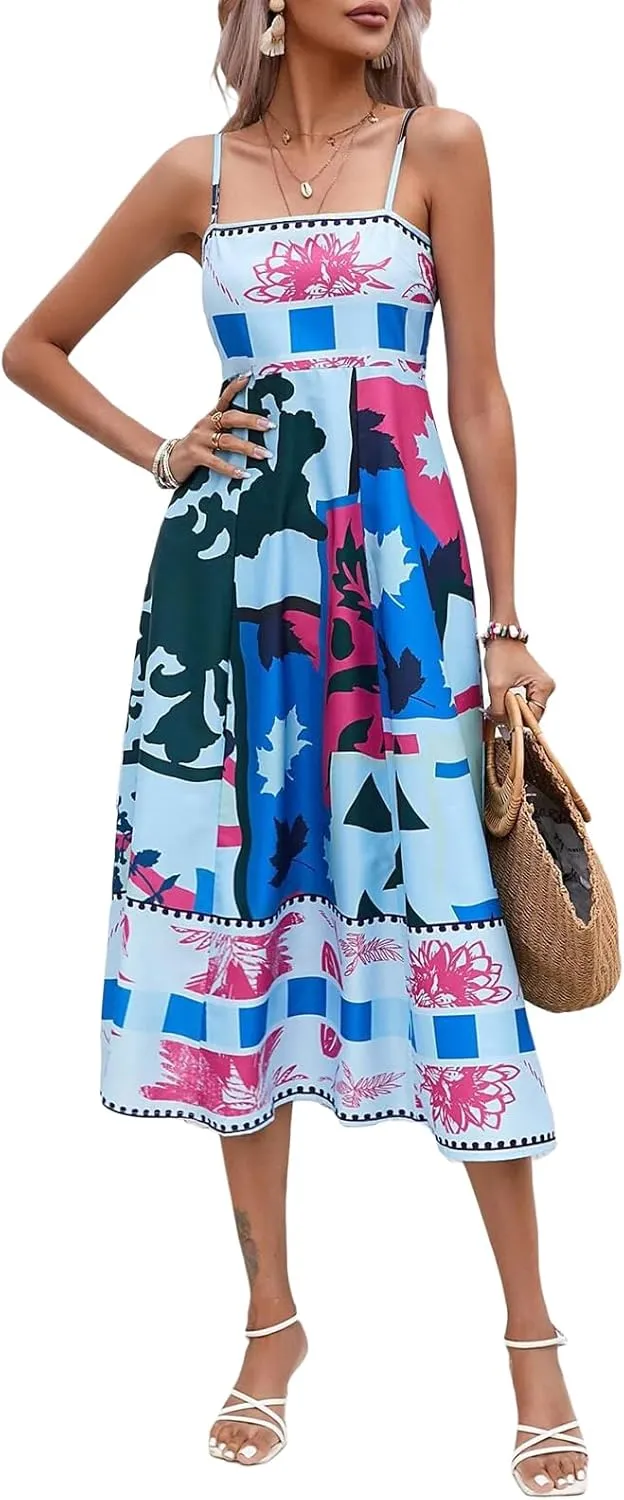 Women Boho Graphic Print Maxi Cami Dress Spaghetti Strap Tropical Long Dress Flowy Summer Vacation Beach Dress