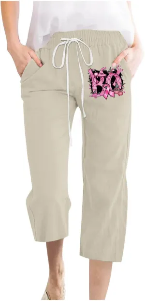 Women Breast Cancer Caring Casual Cotton Linen Crop Pants, Funny Pink Ribbon Print Summer Drawstring Pockets Trousers