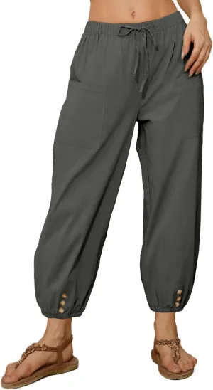 Women Capri Pants Casual Drawstring Elastic High Waist Baggy Wide Leg Cropped Pants Trousers for Ladies Summer