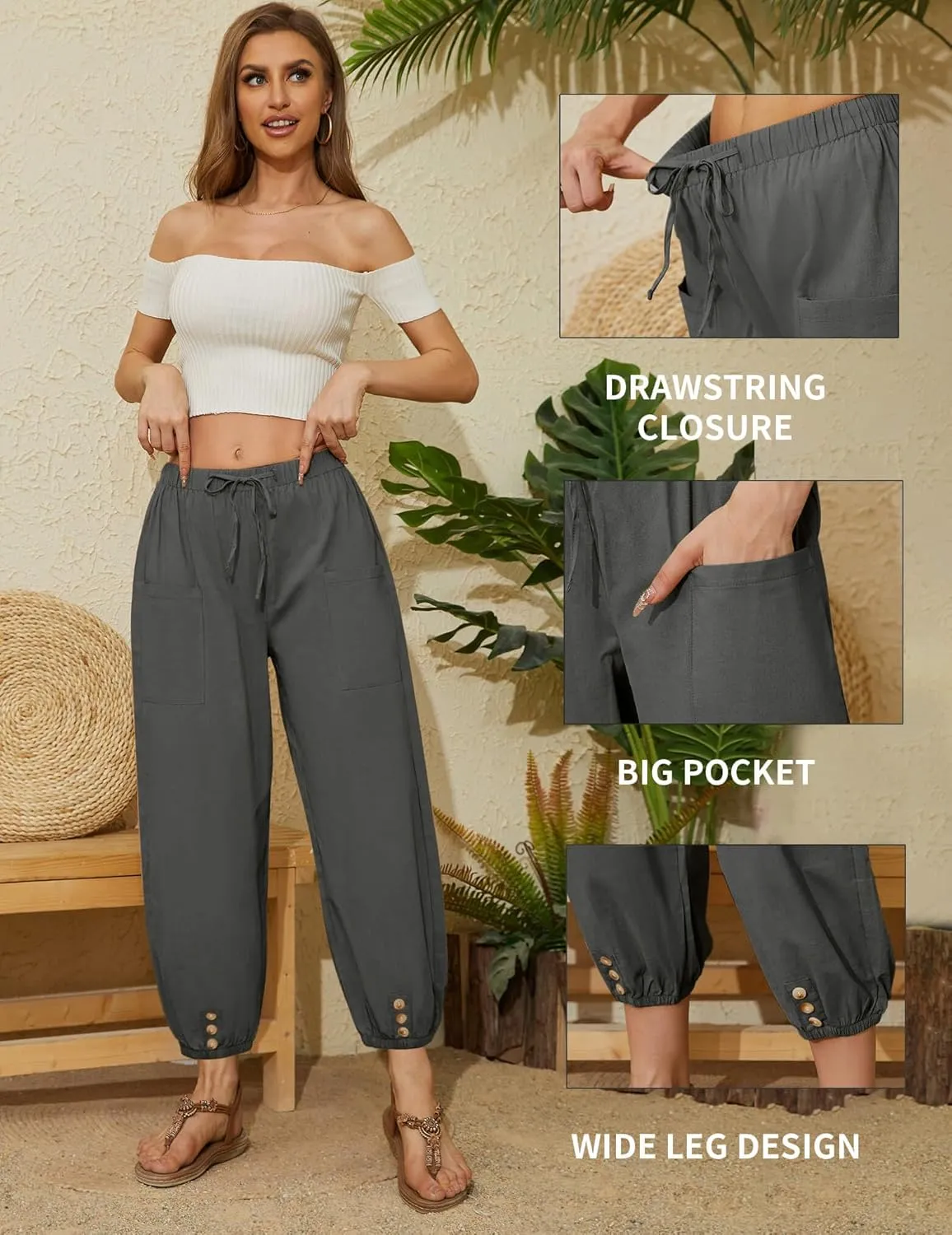 Women Capri Pants Casual Drawstring Elastic High Waist Baggy Wide Leg Cropped Pants Trousers for Ladies Summer