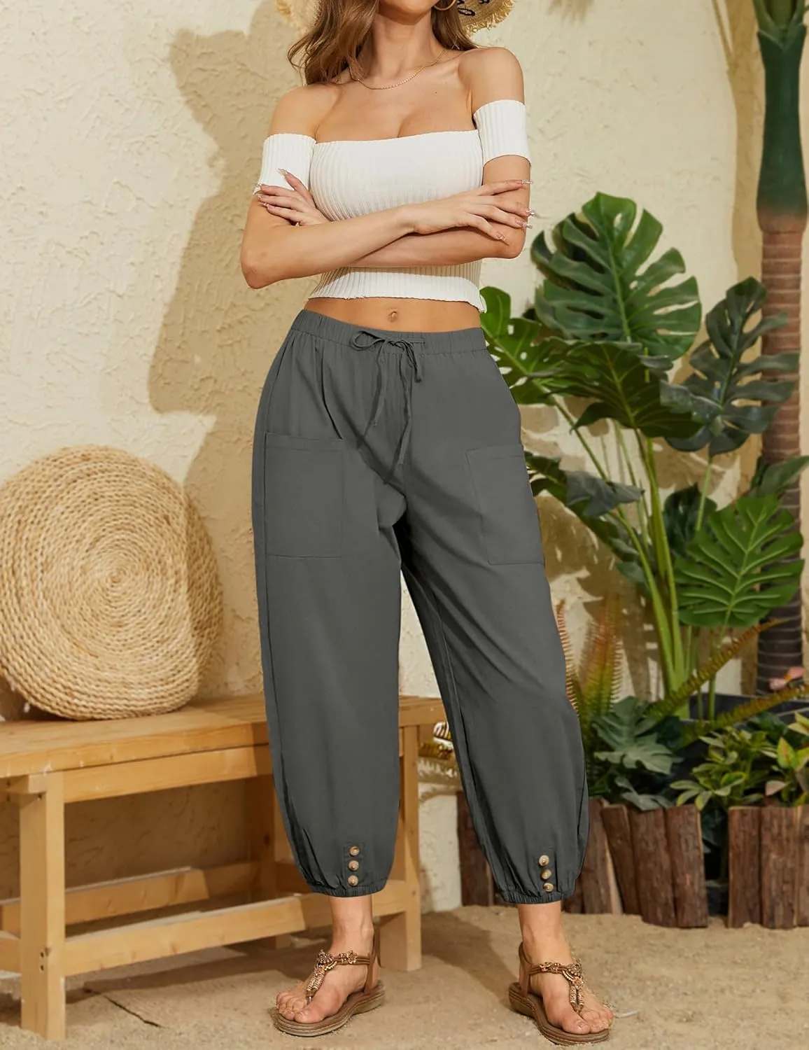 Women Capri Pants Casual Drawstring Elastic High Waist Baggy Wide Leg Cropped Pants Trousers for Ladies Summer