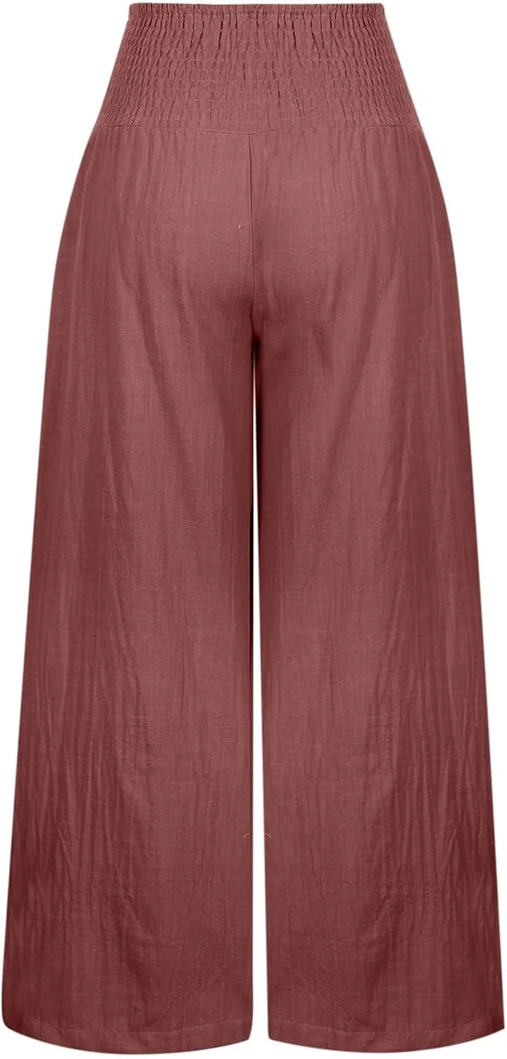 Women Cotton Linen Pant Summer Wide Leg Palazzo Pants Loose Fit Lightweight Slacks High Waist Lounge Trousers