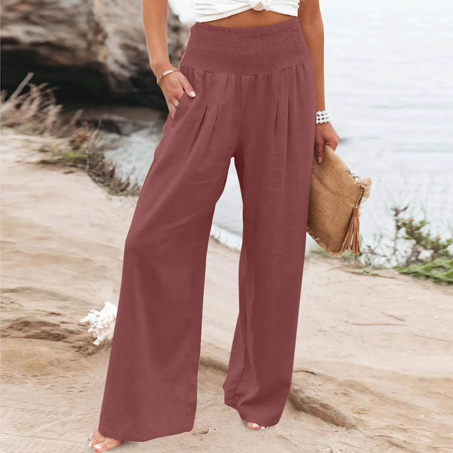 Women Cotton Linen Pant Summer Wide Leg Palazzo Pants Loose Fit Lightweight Slacks High Waist Lounge Trousers