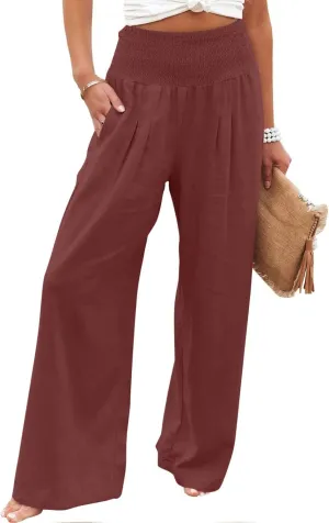 Women Cotton Linen Pant Summer Wide Leg Palazzo Pants Loose Fit Lightweight Slacks High Waist Lounge Trousers