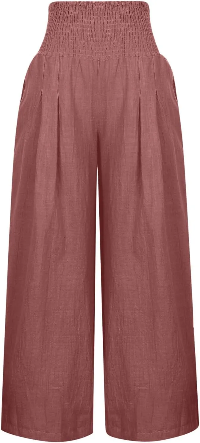 Women Cotton Linen Pant Summer Wide Leg Palazzo Pants Loose Fit Lightweight Slacks High Waist Lounge Trousers