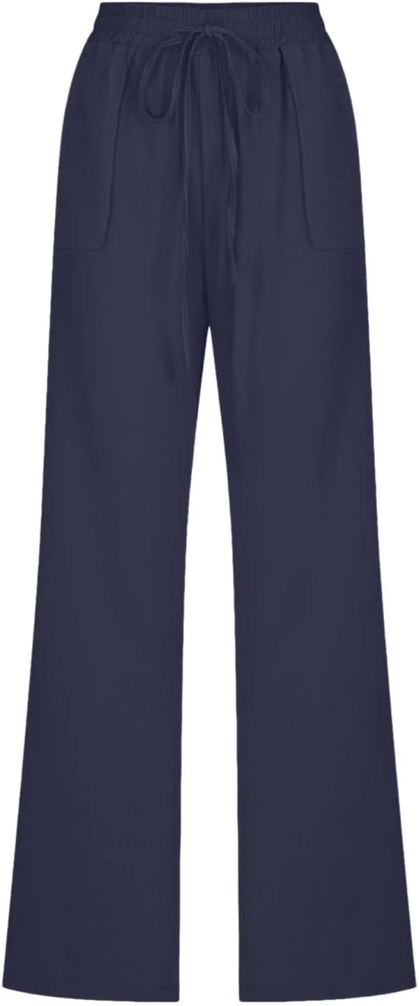 Women Cotton Linen Pants Casual Summer High Waist Drawstring Straight Leg Trousers Relax Fit Lightweight Sport Pants