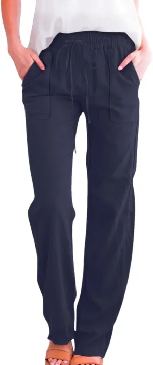 Women Cotton Linen Pants Casual Summer High Waist Drawstring Straight Leg Trousers Relax Fit Lightweight Sport Pants