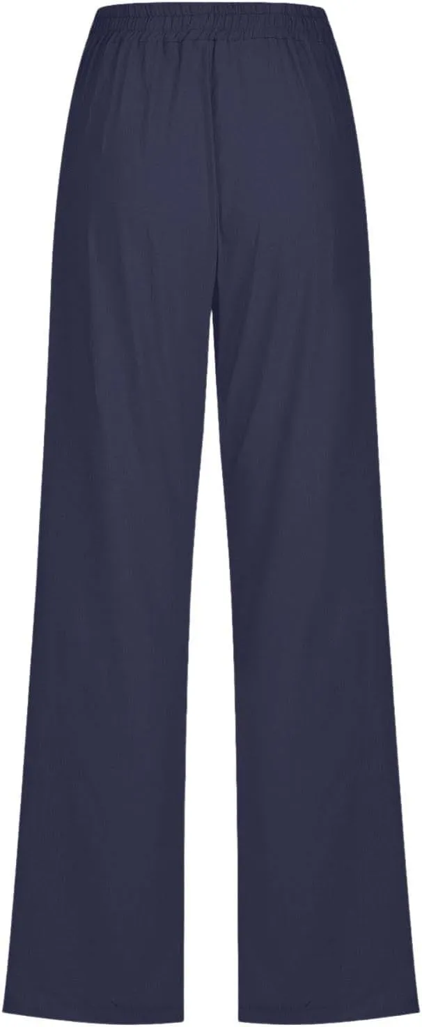 Women Cotton Linen Pants Casual Summer High Waist Drawstring Straight Leg Trousers Relax Fit Lightweight Sport Pants