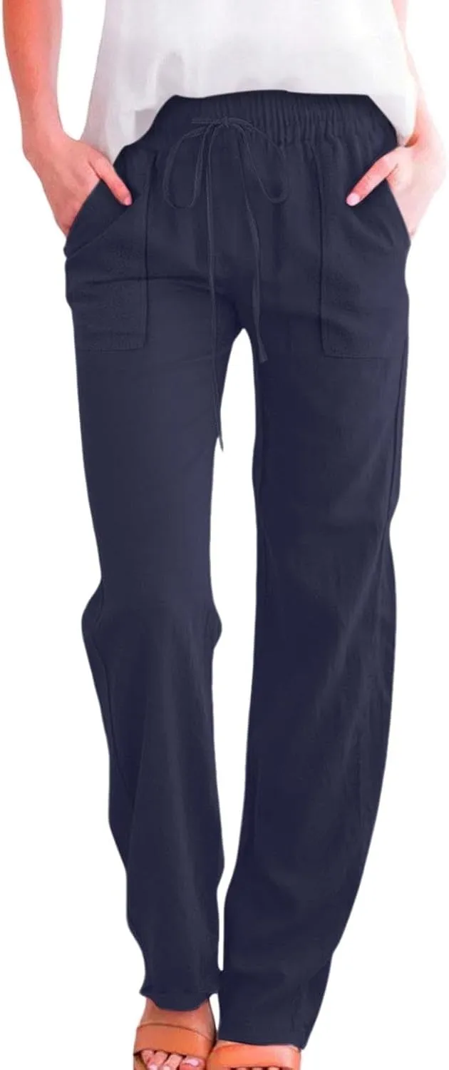 Women Cotton Linen Pants Casual Summer High Waist Drawstring Straight Leg Trousers Relax Fit Lightweight Sport Pants