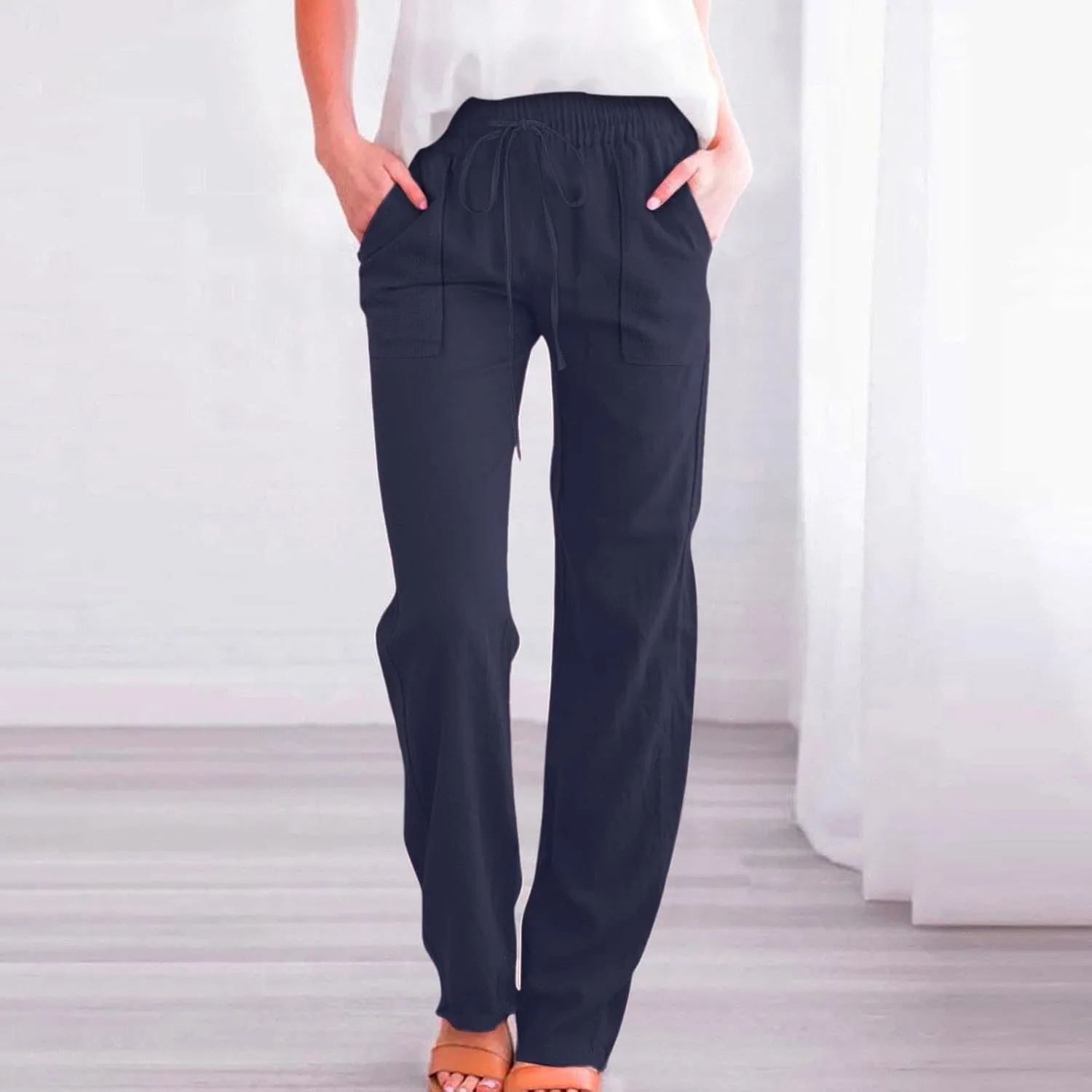 Women Cotton Linen Pants Casual Summer High Waist Drawstring Straight Leg Trousers Relax Fit Lightweight Sport Pants