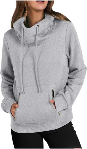 Women Cowl Neck Hoodies Fall Fleece Drawstring Sweatshirts Casual Long Sleeve Hooded Pullover Zipper Kangaroo Pocket