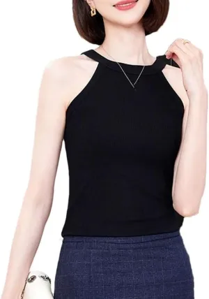 Women Crew Neck Cropped Tank Top Summer Sleeveless Knitted Camisole Vacation Beach Vest