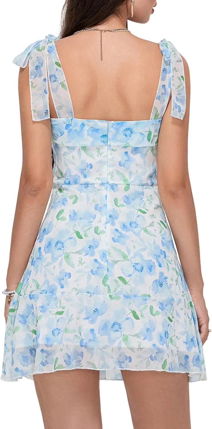 Women Floral Lounge Mini Dress Sleeveless Tie Shoulder Ruffle Babydoll Dress Y2k Backless Short Sundress