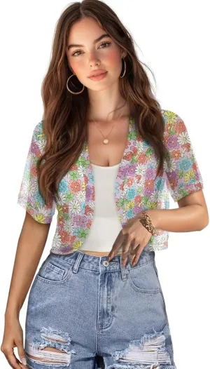 Women Open Front Mesh Bolero Shrugs Short Sleeve Cropped Chiffon Cardigan Lightweight Sheer Summer Jacket Tops