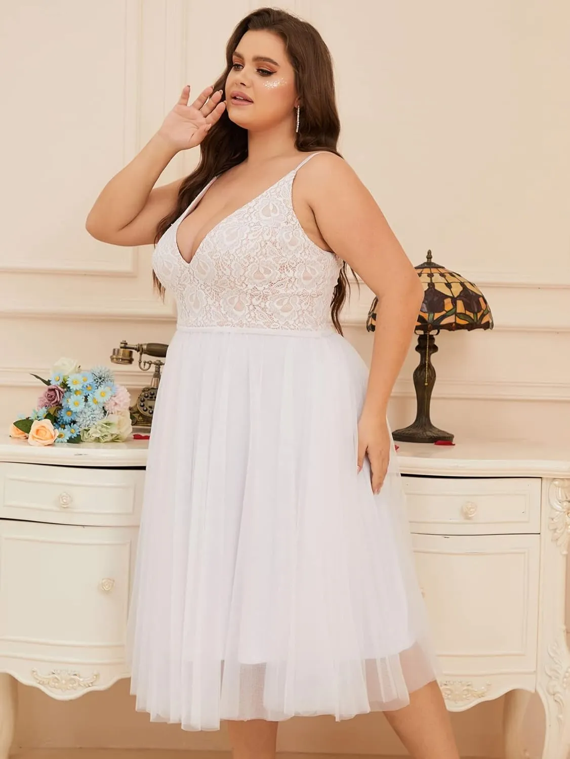 Women Plus Size Floral Lace & Flowy Tulle Tea Length Cocktail Party Dress