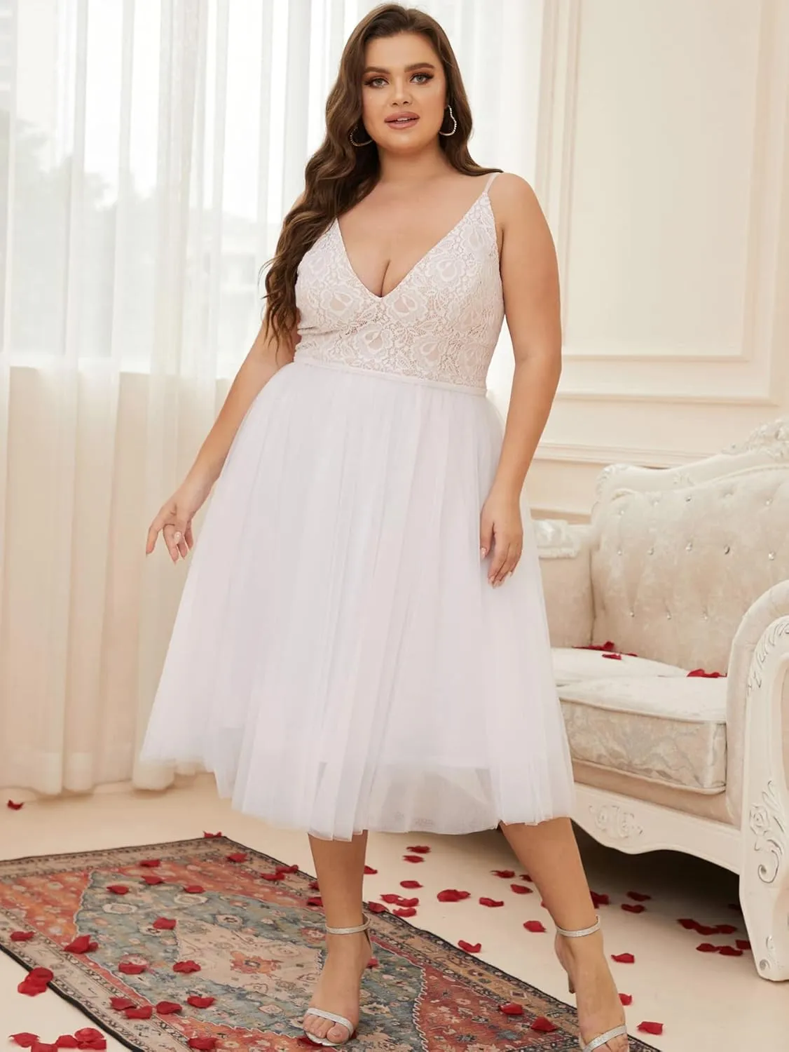 Women Plus Size Floral Lace & Flowy Tulle Tea Length Cocktail Party Dress