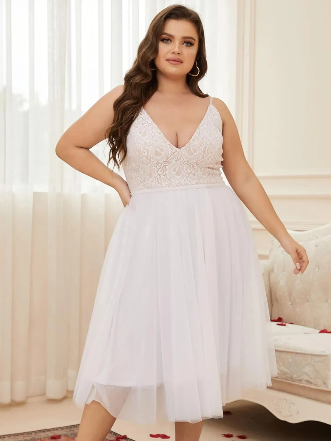 Women Plus Size Floral Lace & Flowy Tulle Tea Length Cocktail Party Dress