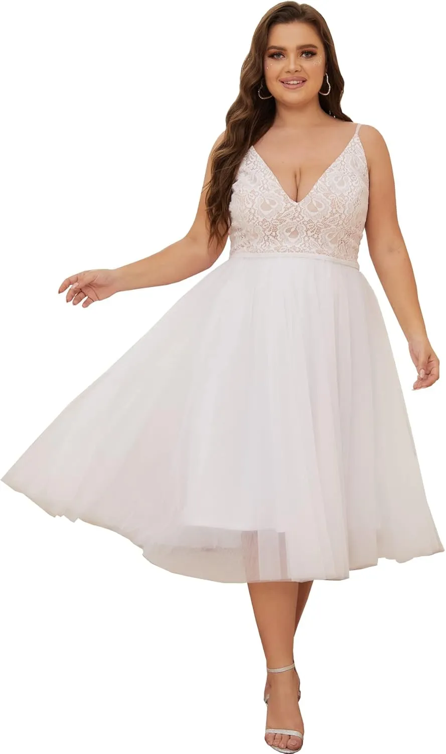 Women Plus Size Floral Lace & Flowy Tulle Tea Length Cocktail Party Dress