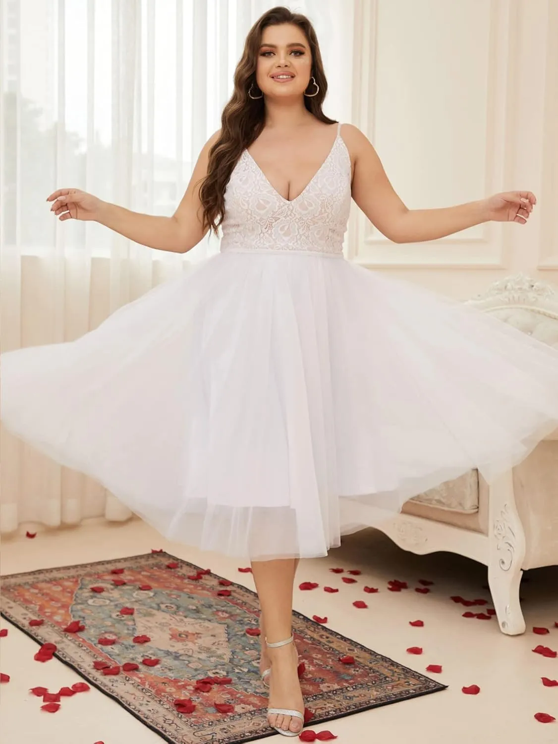 Women Plus Size Floral Lace & Flowy Tulle Tea Length Cocktail Party Dress
