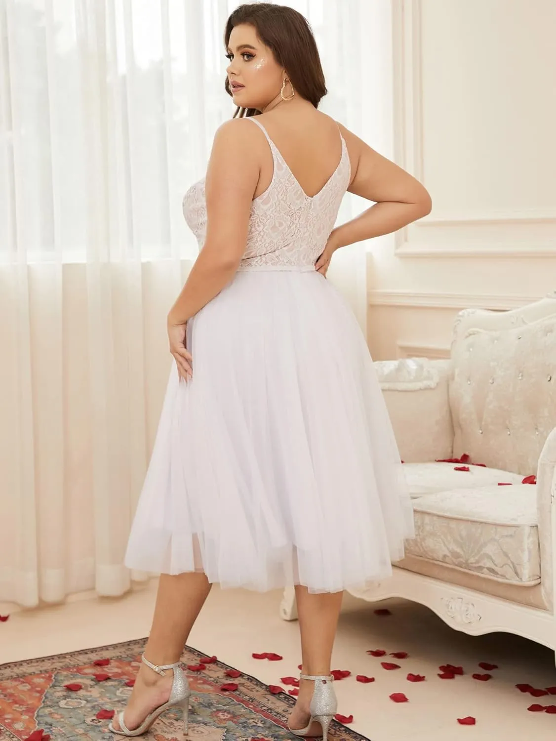 Women Plus Size Floral Lace & Flowy Tulle Tea Length Cocktail Party Dress