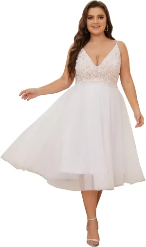 Women Plus Size Floral Lace & Flowy Tulle Tea Length Cocktail Party Dress