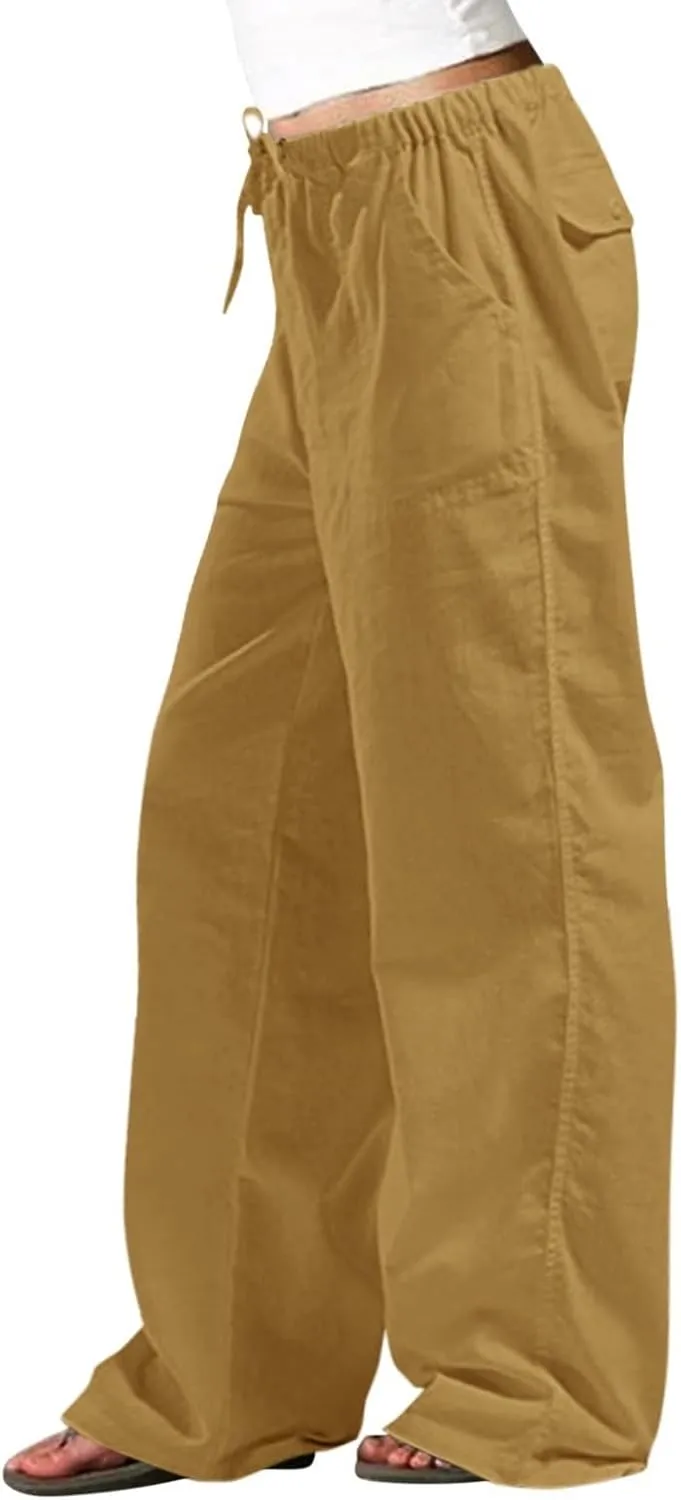 Women Pull On Elastic Waist Linen Pants Pockets Summer Lightweight Solid Color Drawstring Wide Leg Palazzo Plus Size