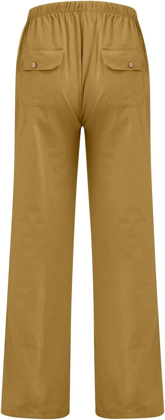 Women Pull On Elastic Waist Linen Pants Pockets Summer Lightweight Solid Color Drawstring Wide Leg Palazzo Plus Size
