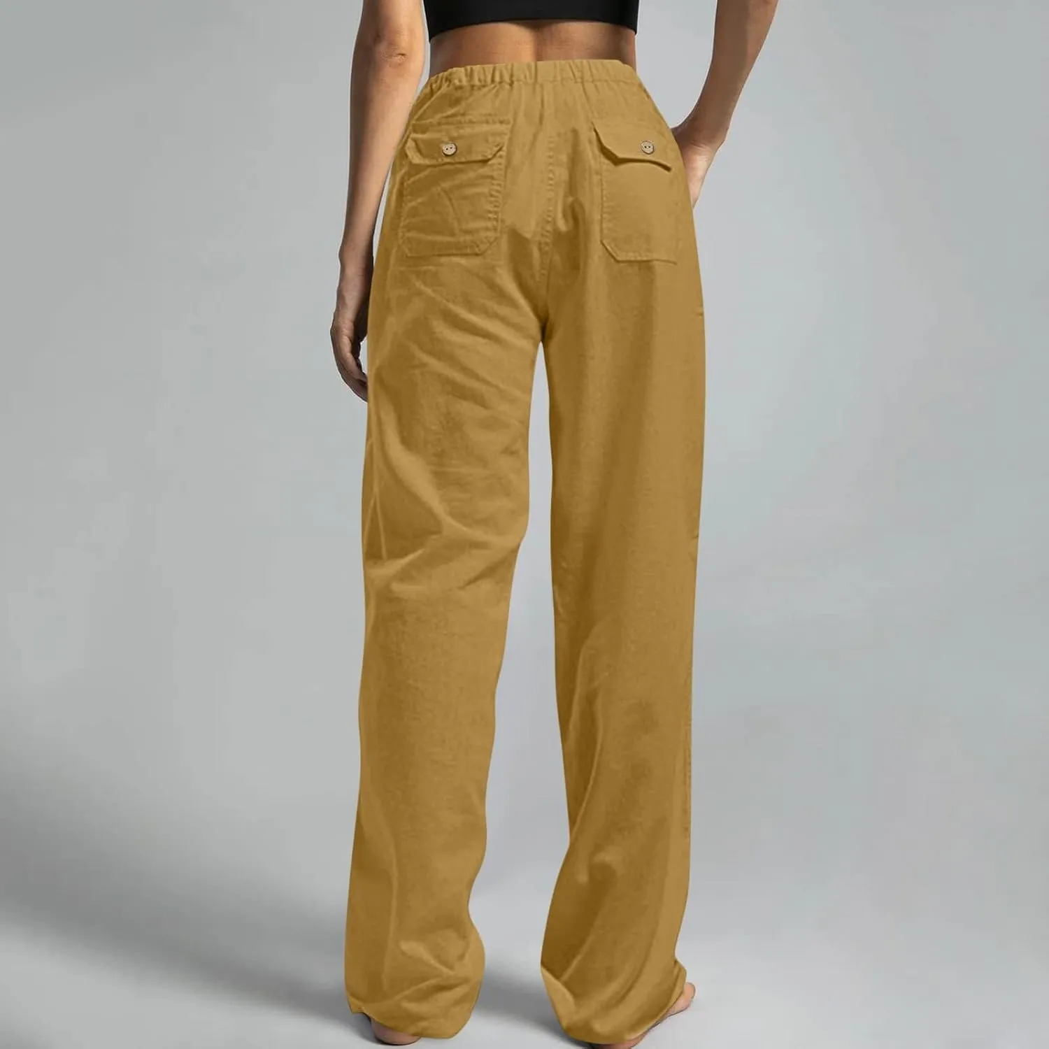 Women Pull On Elastic Waist Linen Pants Pockets Summer Lightweight Solid Color Drawstring Wide Leg Palazzo Plus Size