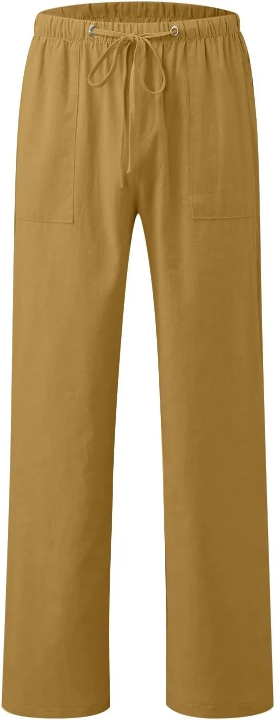 Women Pull On Elastic Waist Linen Pants Pockets Summer Lightweight Solid Color Drawstring Wide Leg Palazzo Plus Size