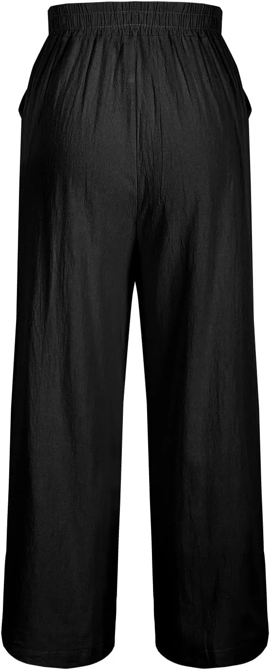 Women Retro Floral Embroidered Loose Crop Pants, Summer Cotton Linen Wide Leg Pants High Elastic Waist Pockets Trousers