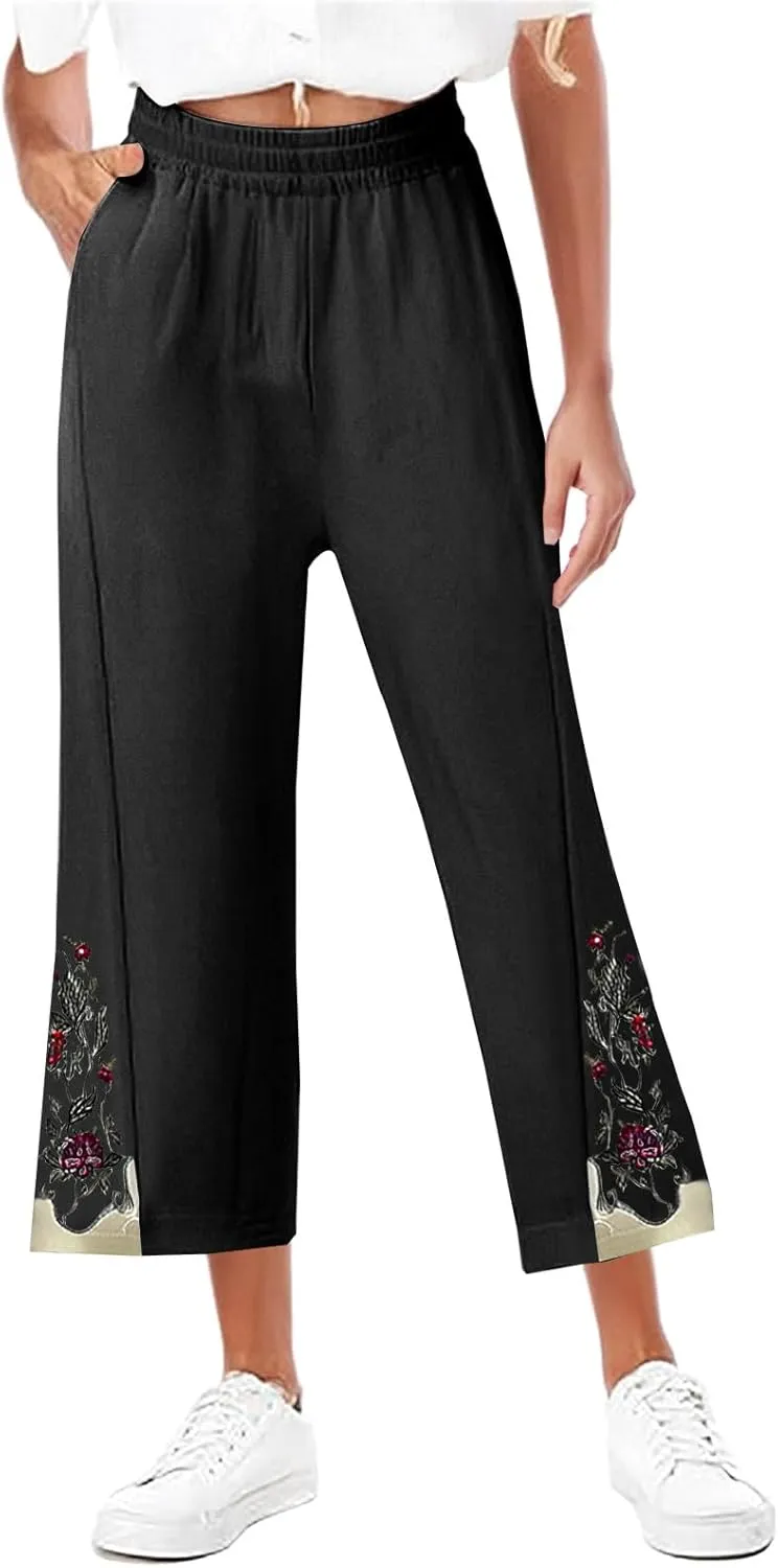 Women Retro Floral Embroidered Loose Crop Pants, Summer Cotton Linen Wide Leg Pants High Elastic Waist Pockets Trousers