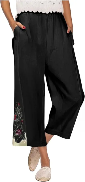 Women Retro Floral Embroidered Loose Crop Pants, Summer Cotton Linen Wide Leg Pants High Elastic Waist Pockets Trousers