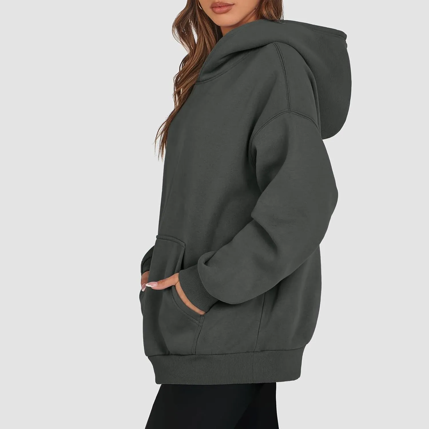 Women Solid Basic Hoodies Fall Outfits Long Sleeve Sweatshirts Pullover Drop Shoulder Tops with Pocket