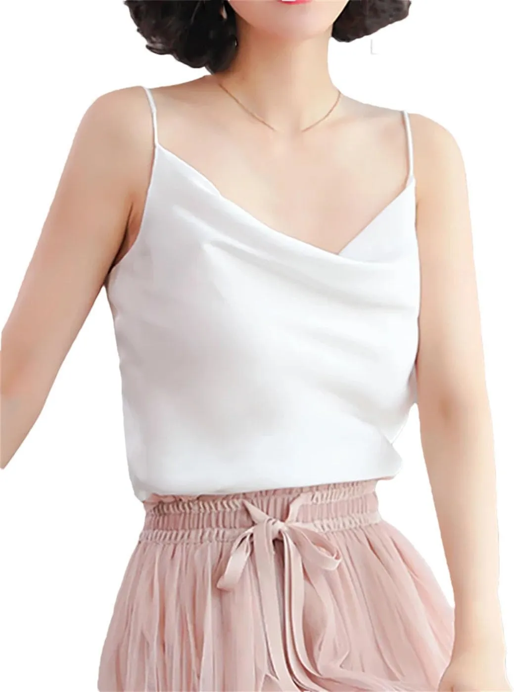 Women Spaghetti Strap Silk Tank Top Summer Sleeveless Crop Satin Vest Vacation Beach Camisole