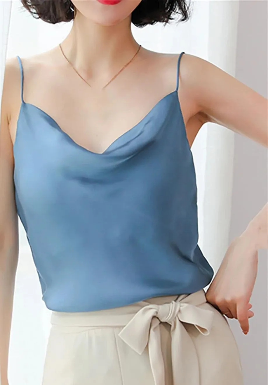Women Spaghetti Strap Silk Tank Top Summer Sleeveless Crop Satin Vest Vacation Beach Camisole
