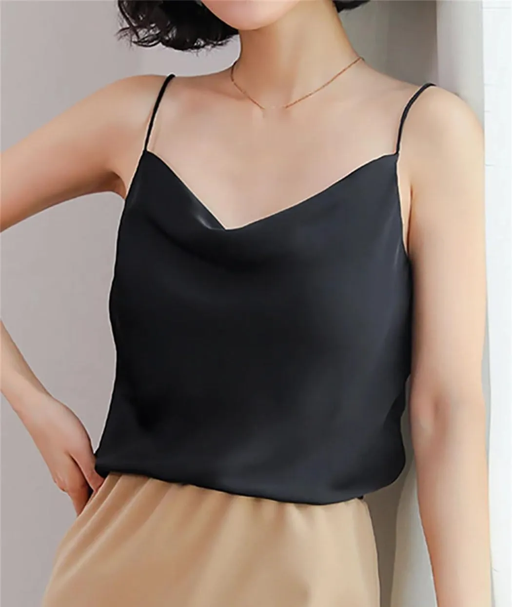 Women Spaghetti Strap Silk Tank Top Summer Sleeveless Crop Satin Vest Vacation Beach Camisole