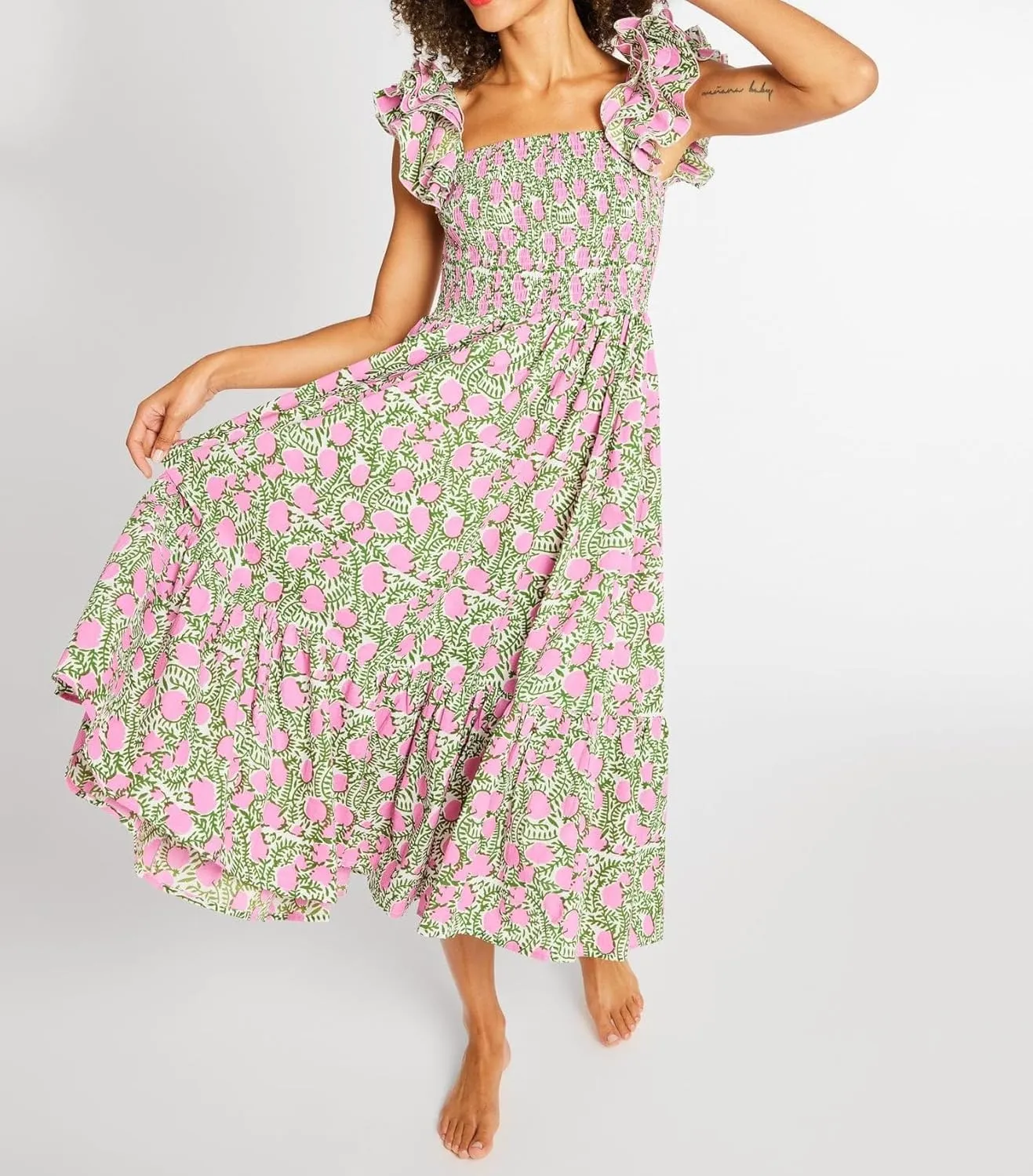 Women Summer Floral Smocked Midi Dress Ruffle Tiered Cap Sleeve Long Dress Flowy Swing A Line Beach Sundress