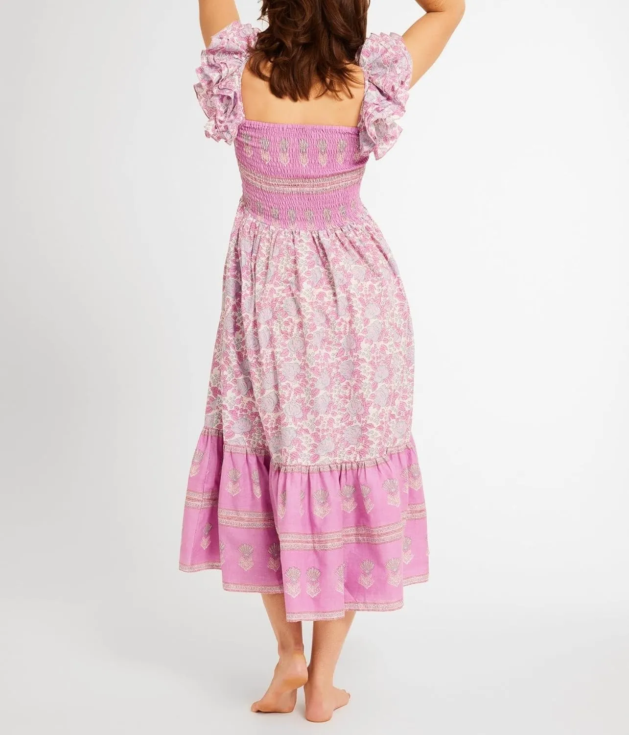 Women Summer Floral Smocked Midi Dress Ruffle Tiered Cap Sleeve Long Dress Flowy Swing A Line Beach Sundress