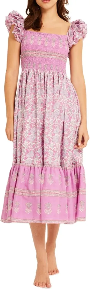 Women Summer Floral Smocked Midi Dress Ruffle Tiered Cap Sleeve Long Dress Flowy Swing A Line Beach Sundress