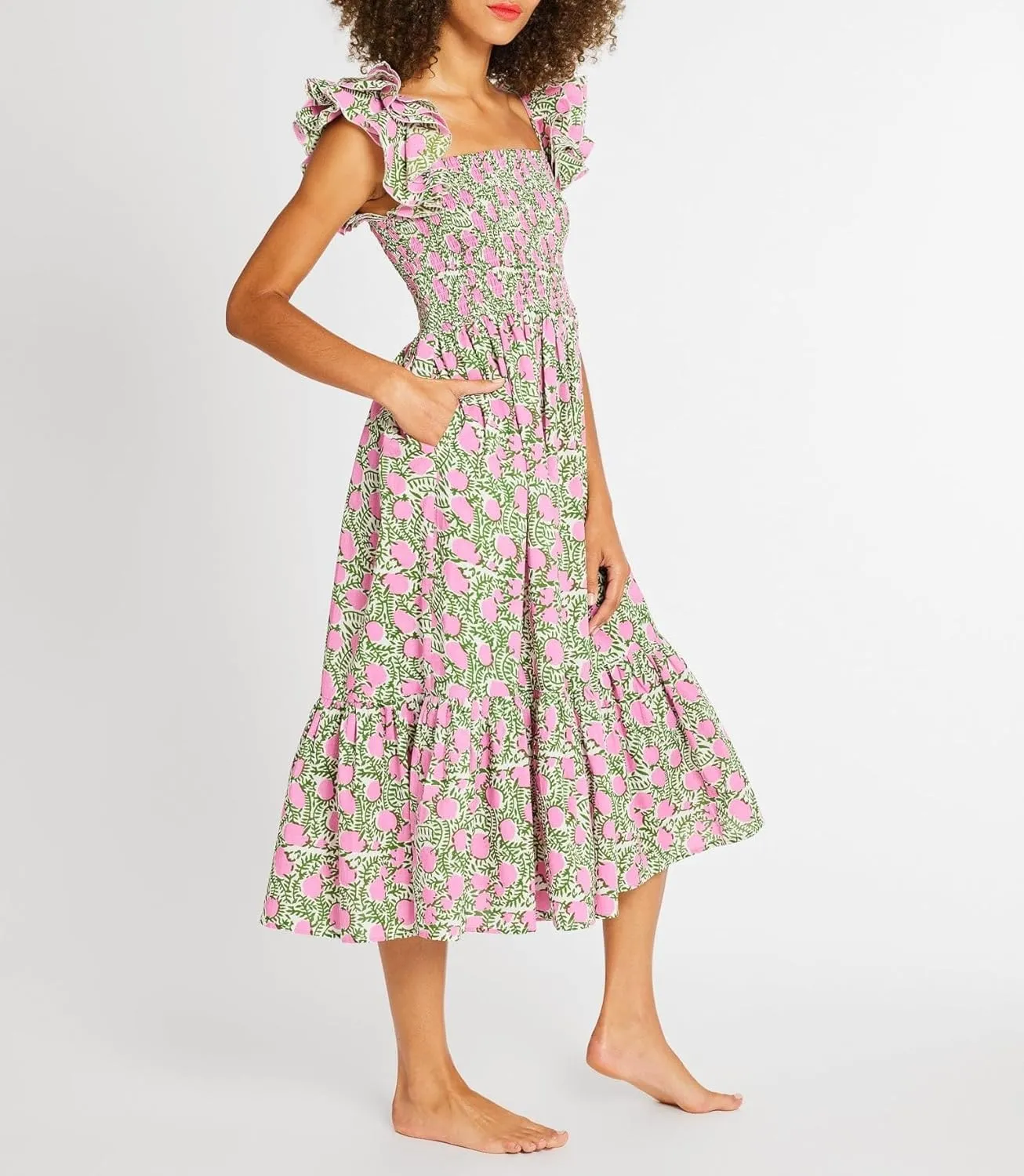 Women Summer Floral Smocked Midi Dress Ruffle Tiered Cap Sleeve Long Dress Flowy Swing A Line Beach Sundress