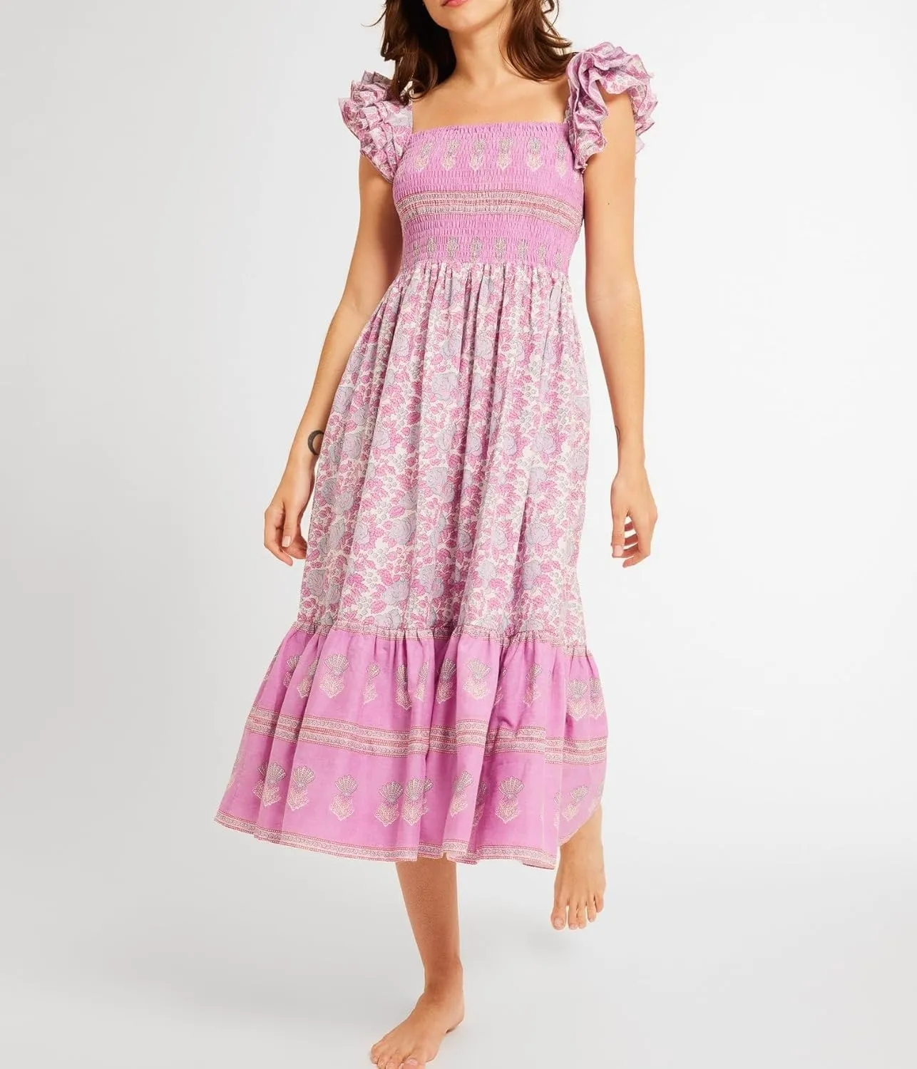 Women Summer Floral Smocked Midi Dress Ruffle Tiered Cap Sleeve Long Dress Flowy Swing A Line Beach Sundress