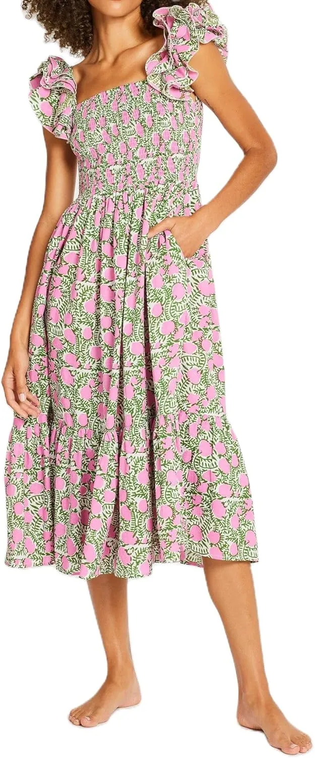 Women Summer Floral Smocked Midi Dress Ruffle Tiered Cap Sleeve Long Dress Flowy Swing A Line Beach Sundress