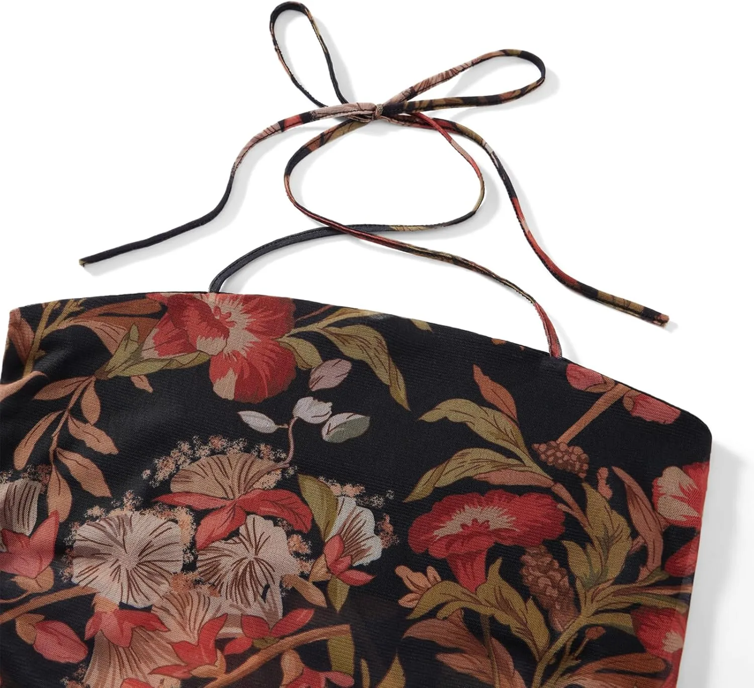 Women Summer Midriff-Baring Camisole Floral Print Stringy Selvedge Hem Hanging Neck Sleeveless Mesh Tops