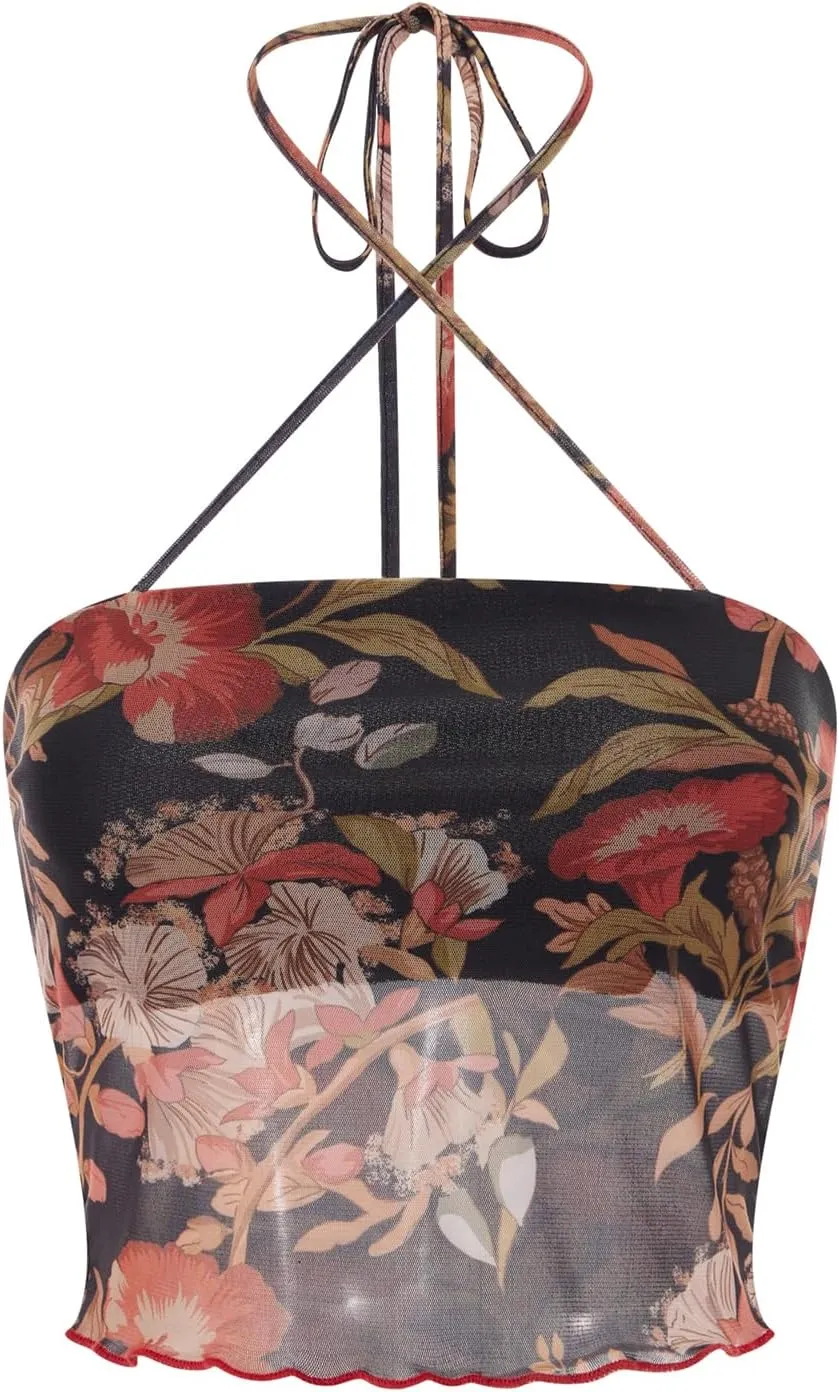 Women Summer Midriff-Baring Camisole Floral Print Stringy Selvedge Hem Hanging Neck Sleeveless Mesh Tops