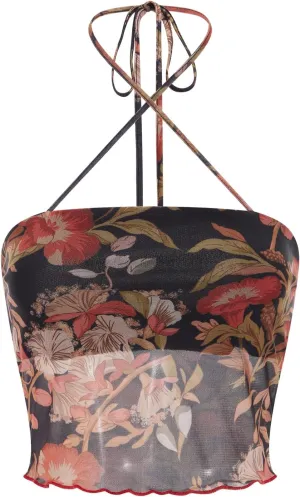 Women Summer Midriff-Baring Camisole Floral Print Stringy Selvedge Hem Hanging Neck Sleeveless Mesh Tops