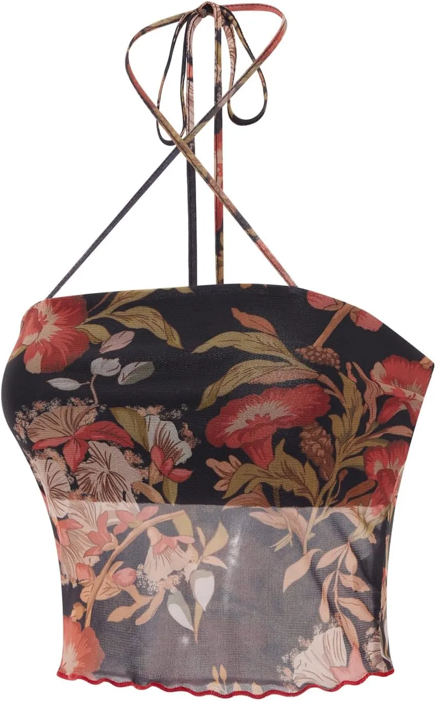 Women Summer Midriff-Baring Camisole Floral Print Stringy Selvedge Hem Hanging Neck Sleeveless Mesh Tops