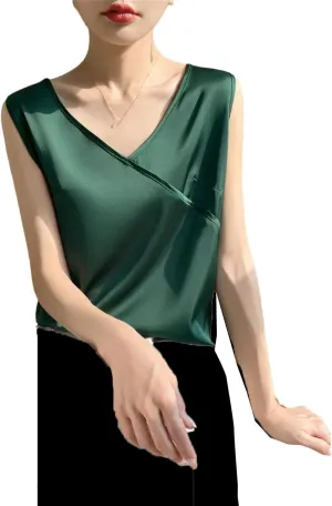 Women Summer Silk Satin Thin V-Neck Tank Tops Crossed Collar Camisole Basic Silky Camis