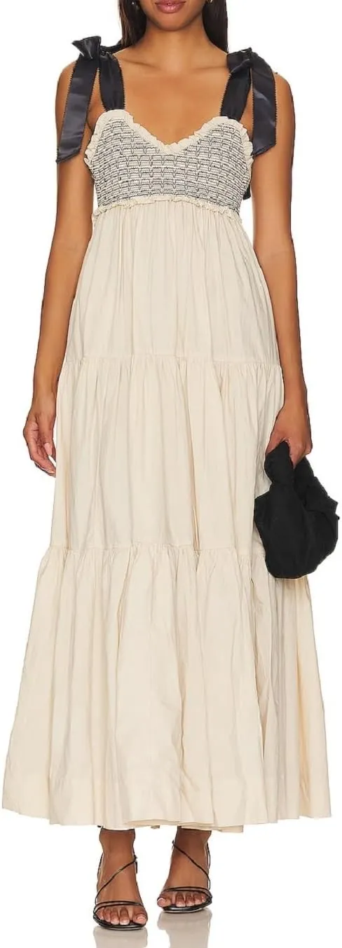Women Summer Sleeveless Striped Maxi Dress Tie Shoulder Strap Smocked Flowy Dress Y2k Floral Beach Sundress